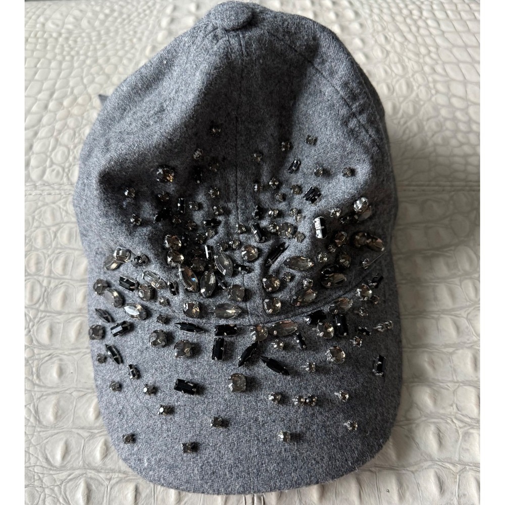 August T Grey Wool Blend Crystal Embellished Baseball Cap Y2K Glam